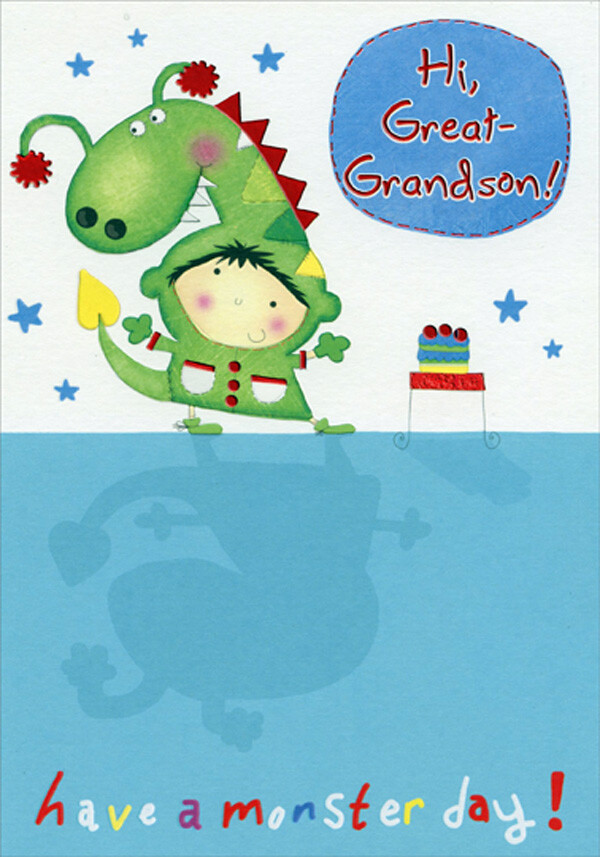 Boy Dressed as Green Dragon Juvenile Birthday Card for Young Great-Grandson