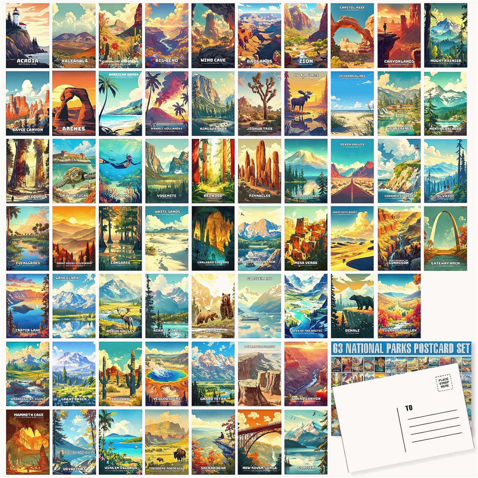 63 National Parks Postcard Set,Vintage Travel Posters Illustrations Postcards…