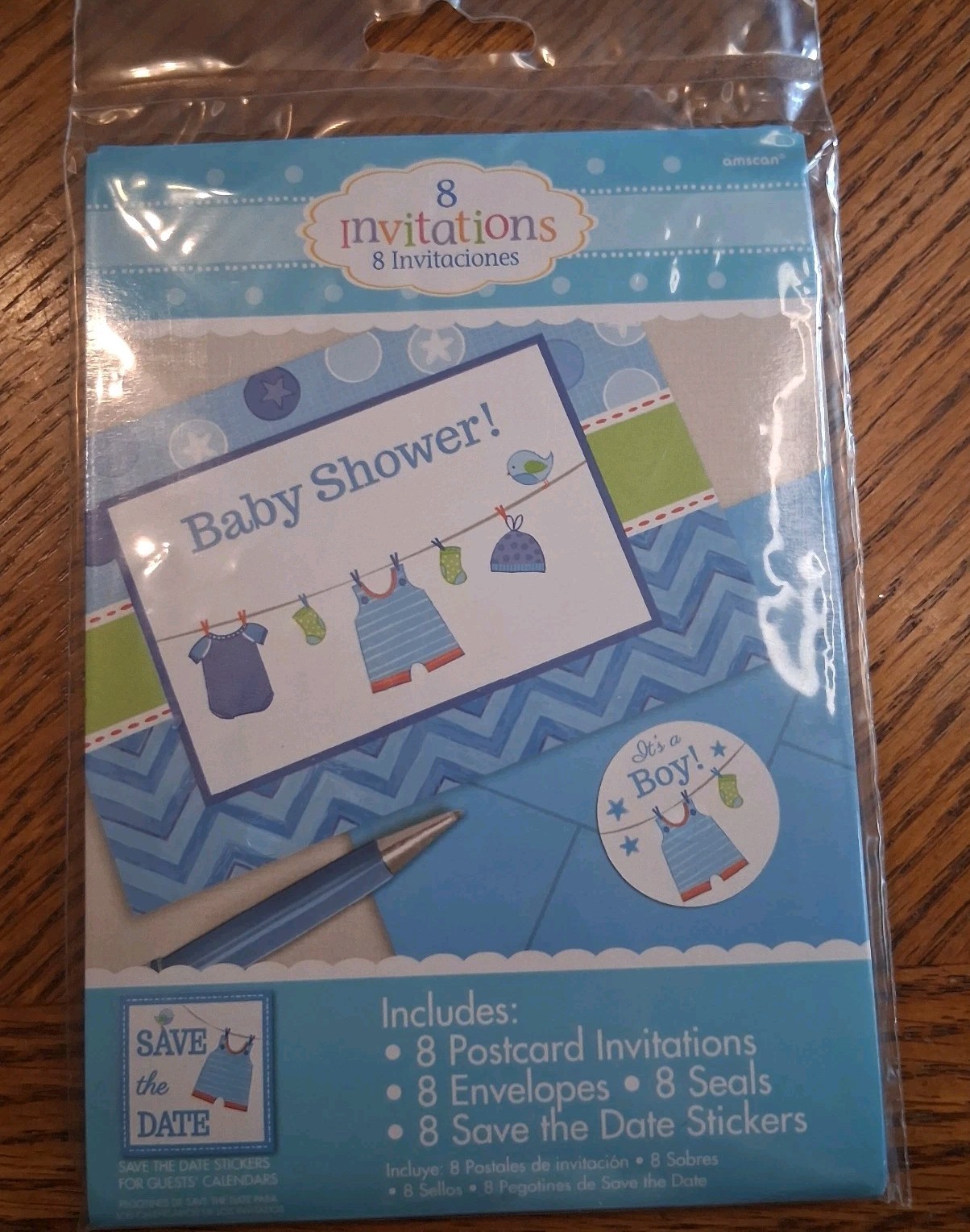 Amscan Baby Shower Boy Chevron Postcard Invitations 8ct w/ Envelopes Blue