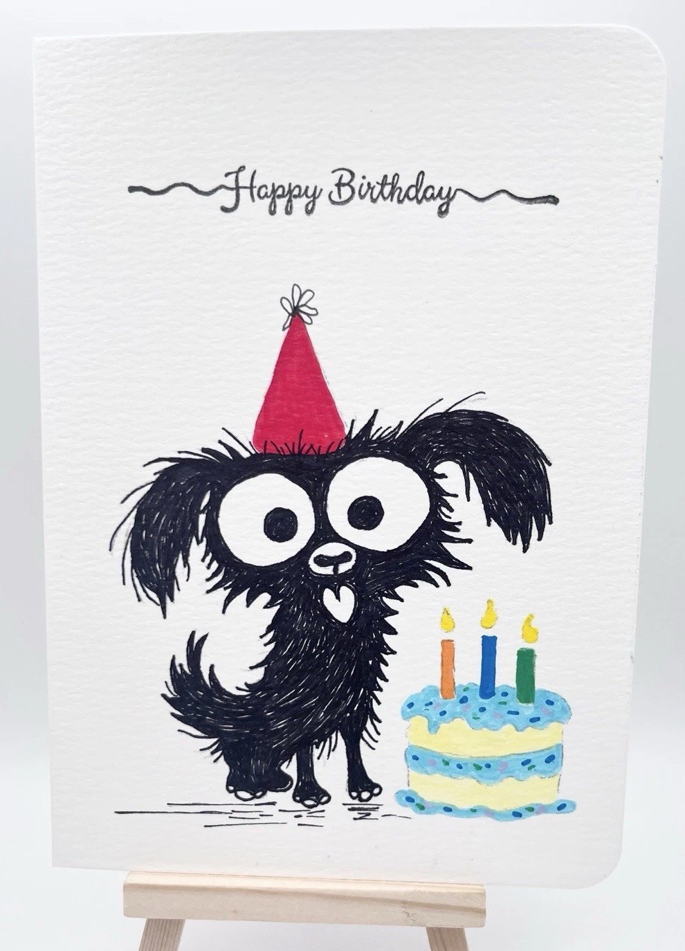 Dog & Birthday Cake Colorful GreetingCard Multicolor w/ Envelope OOAK HealyClark
