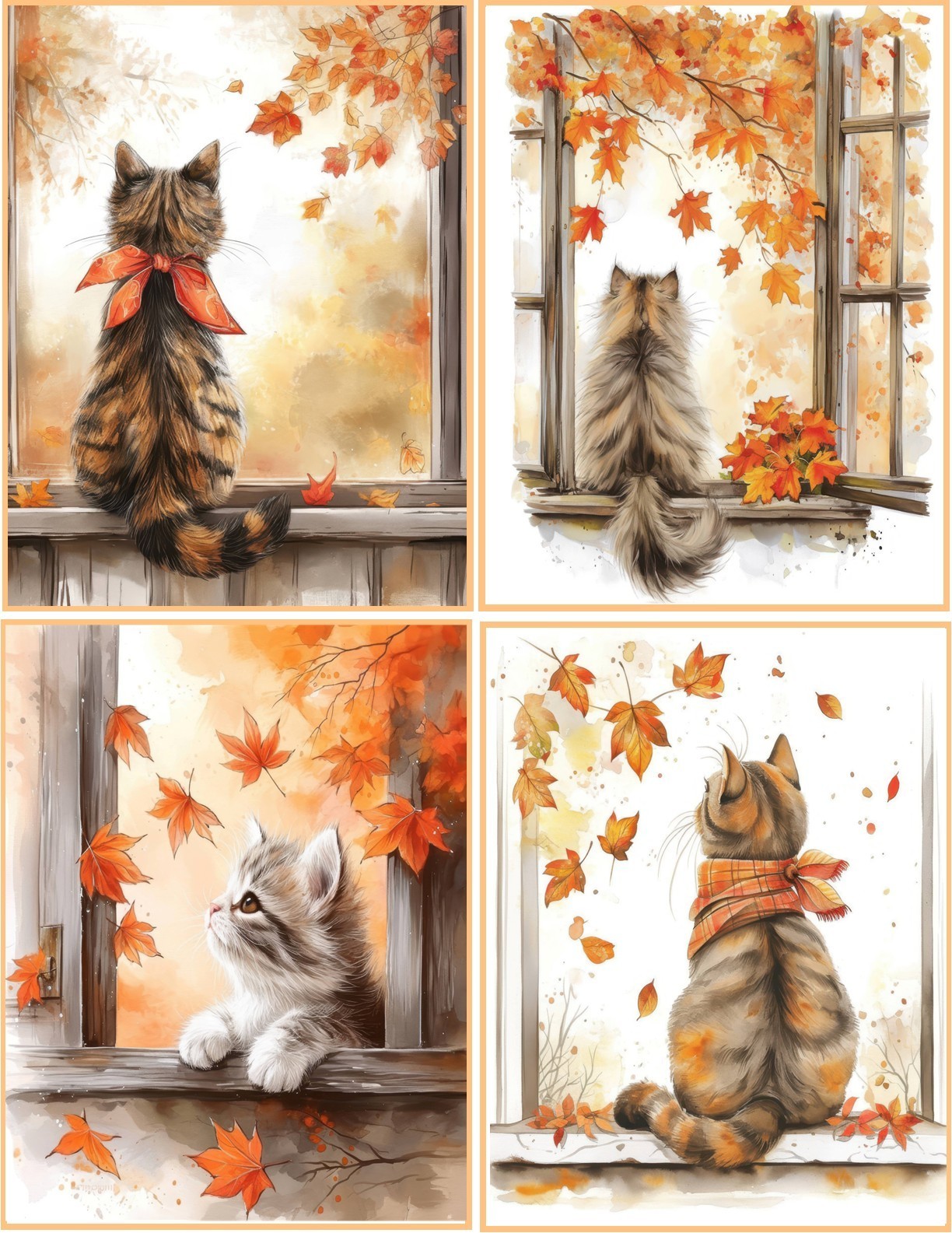 8 Cat Kitten Autumn Fall Window glossy blank fold out Note Card envelopes Set 2