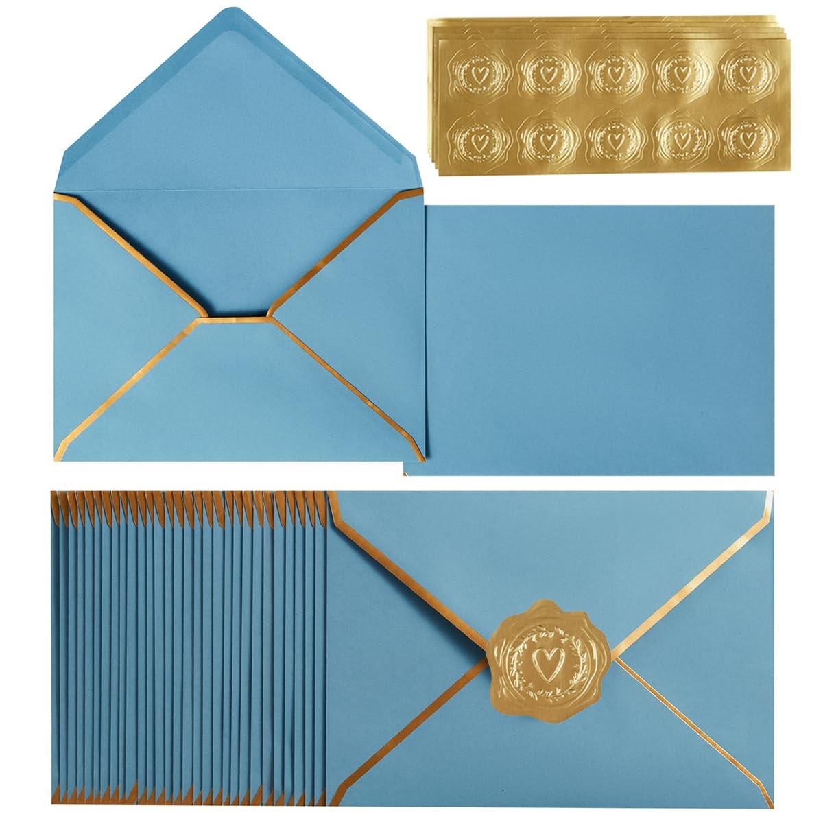 100 Pack Dusty-Blue A7 5×7 Envelopes with Gold Border for Wedding Gift Cards