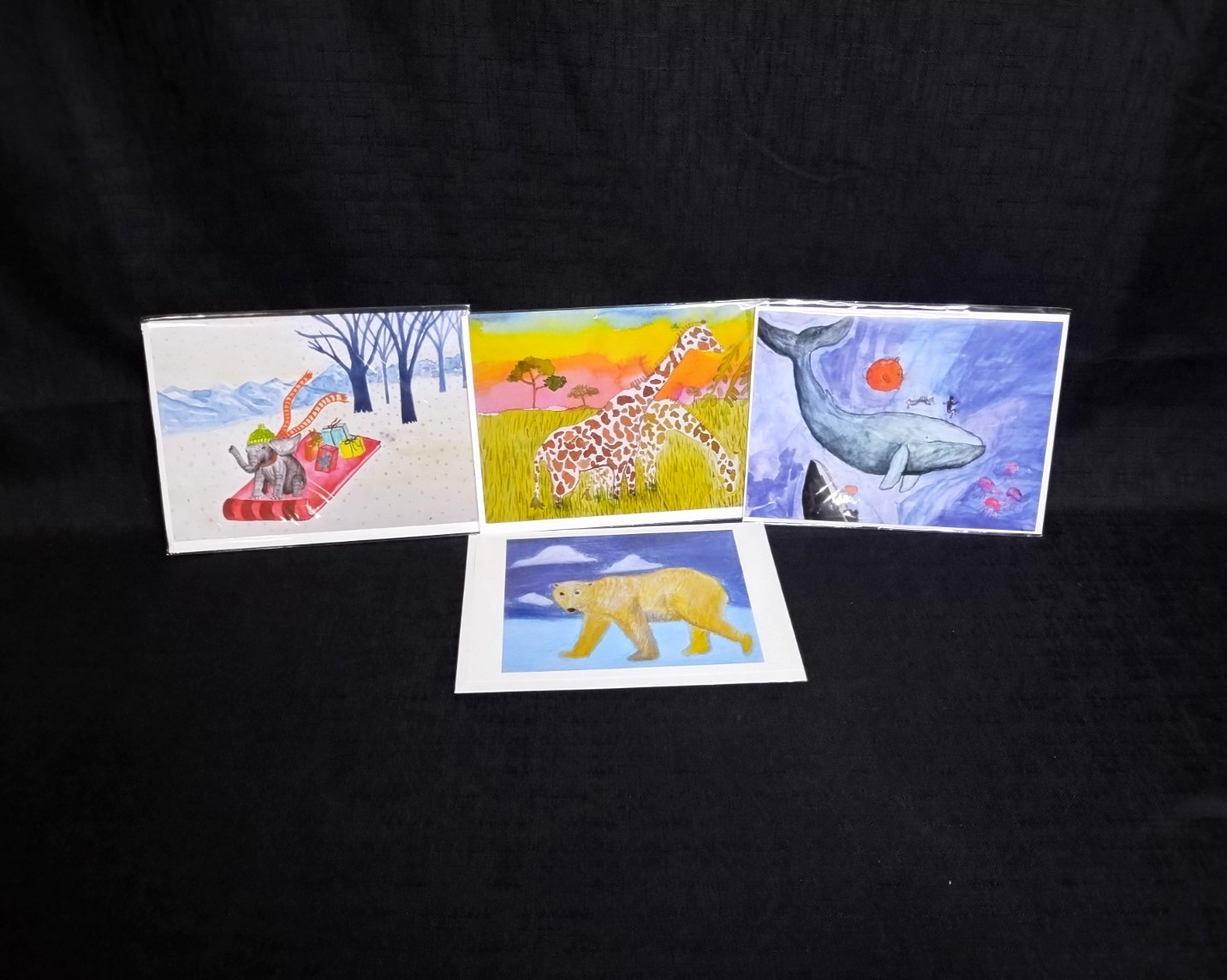 Set of 4 Watercolor Print Animal Themed Blank Greeting Cards W Envelopes