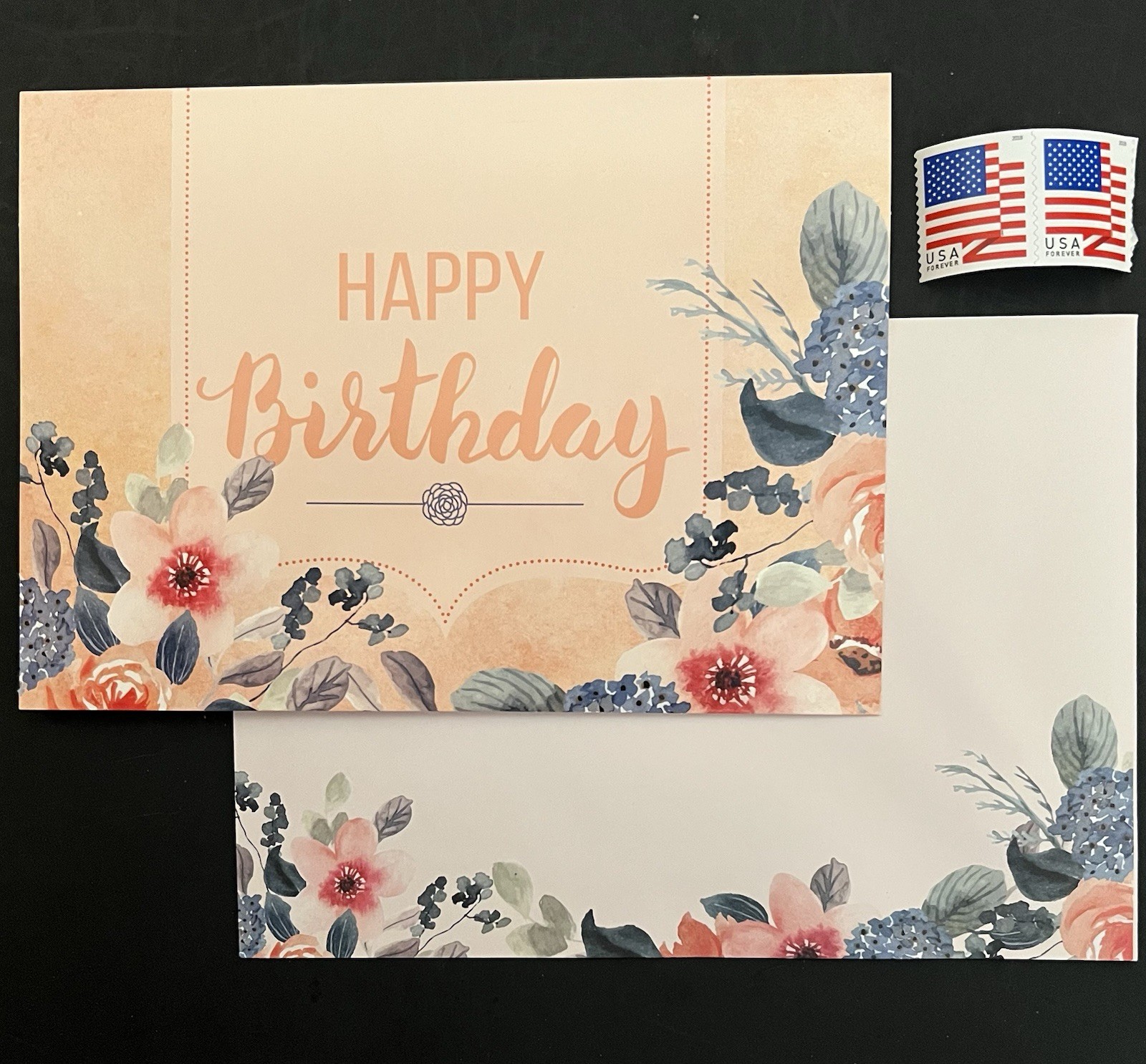 Beautiful Birthday Card Salmon Colored & Blue Floral Decorated Env/Stamps BN
