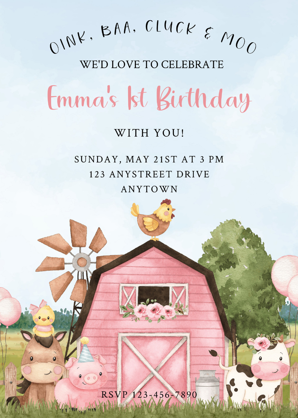 Customizable Pink Farm Friends Birthday Invitations with Envelopes