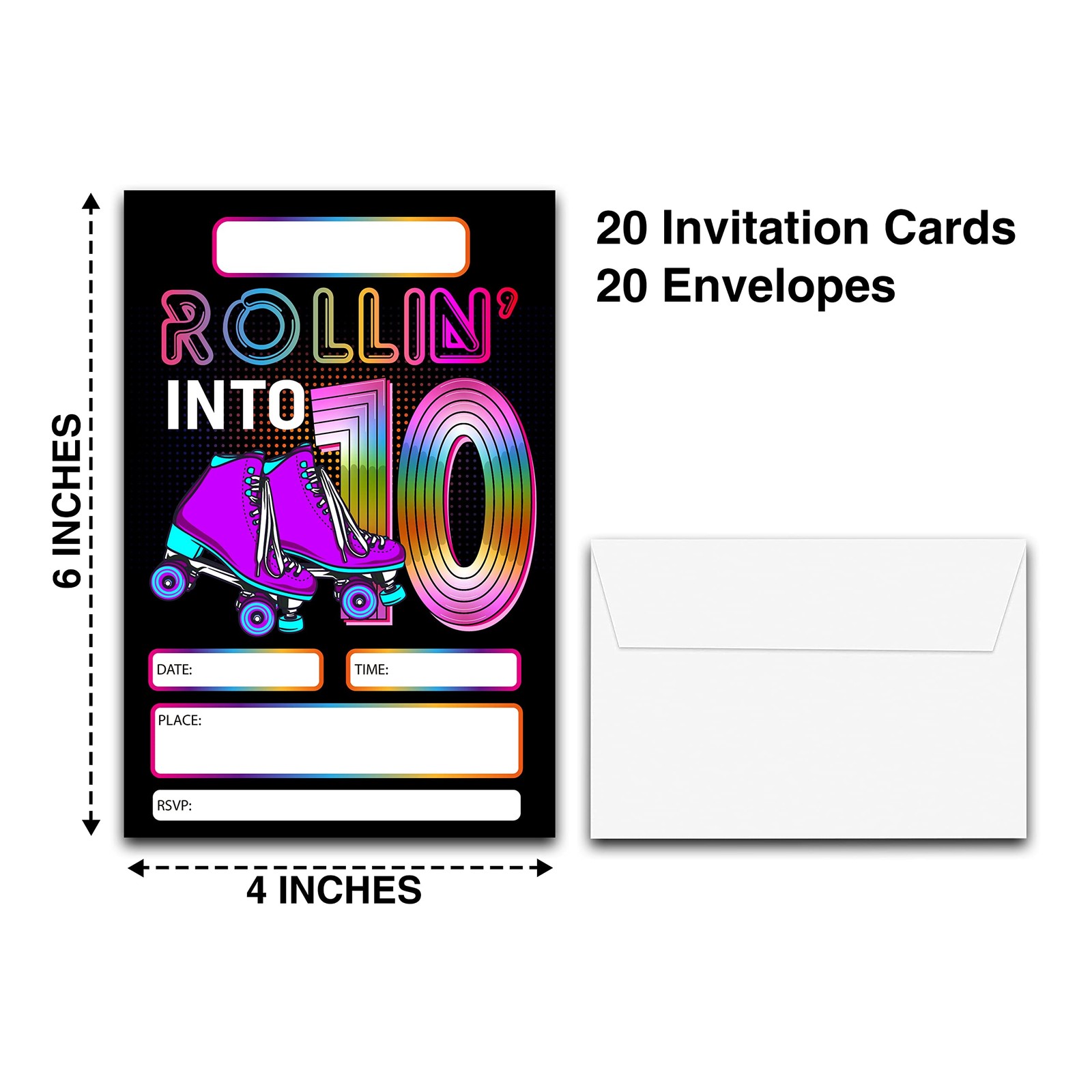 20 Sets 4×6 Inch Roller Skating 10th Birthday Party Invitation Card Envelopes