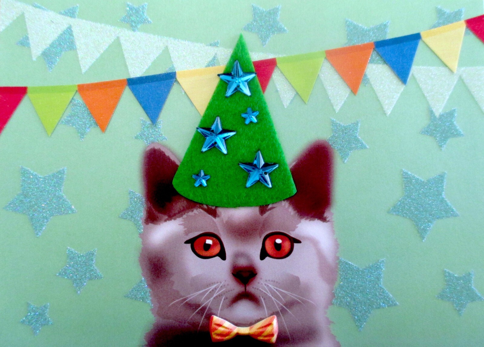 NIQUEA.D Christopher Vine Jeweled Stars Cat Hat & Bow Tie Birthday Greeting Card