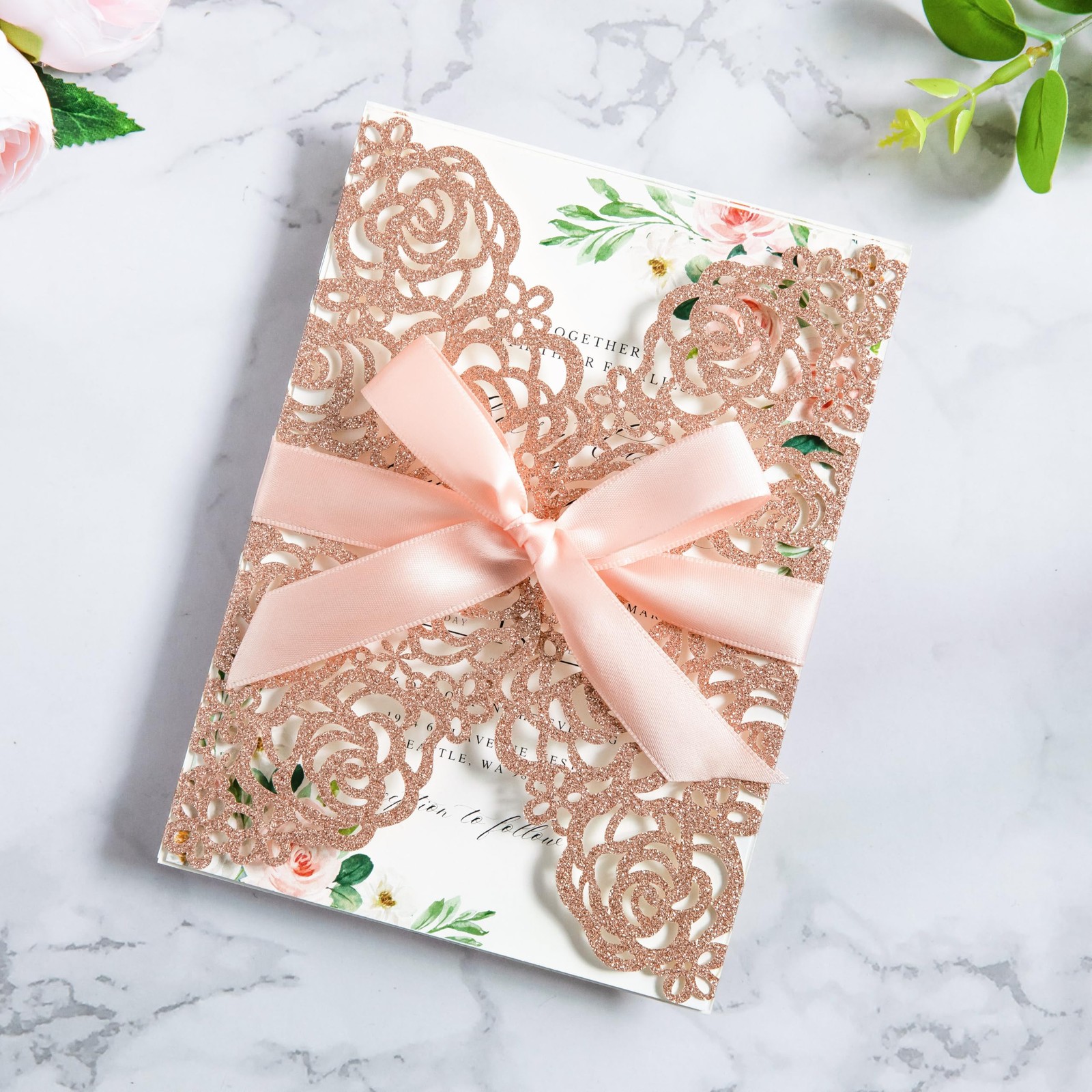 25 PCS 5.12×7.1 Inch Rose Gold Glitter Wedding Invitations Cards Envelopes