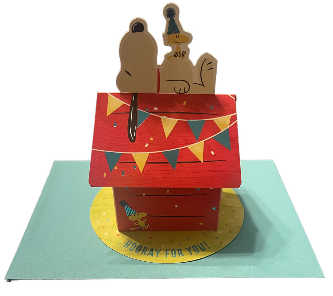 Hallmark Birthday Card ~ Pop Up Display ~ Peanuts Snoopy & Woodstock On Doghouse