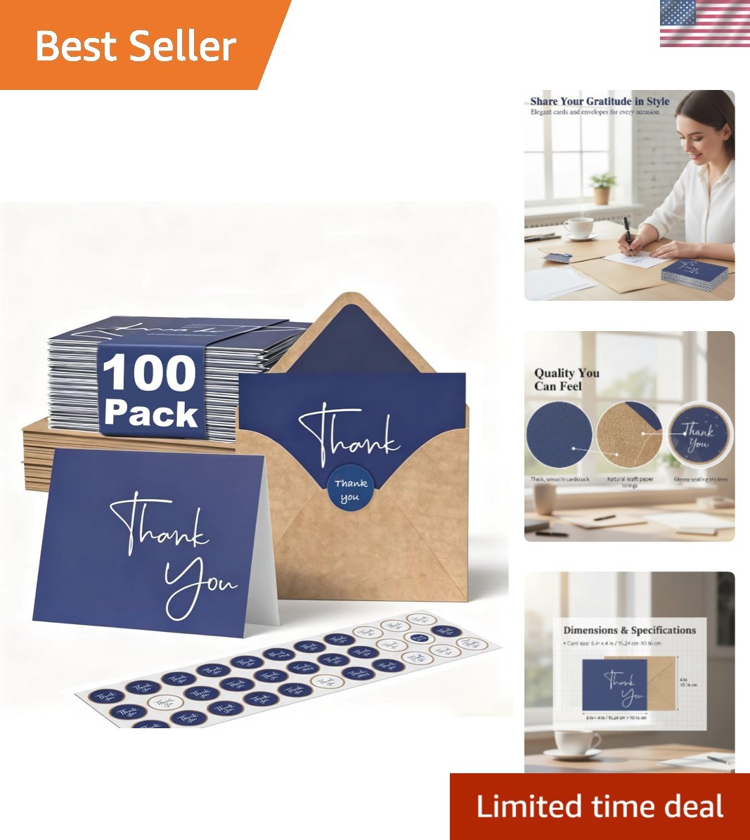 100 Pack Thank You Cards with Envelopes Bulk Set & Stickers – 4X6 Inch Blank Tha