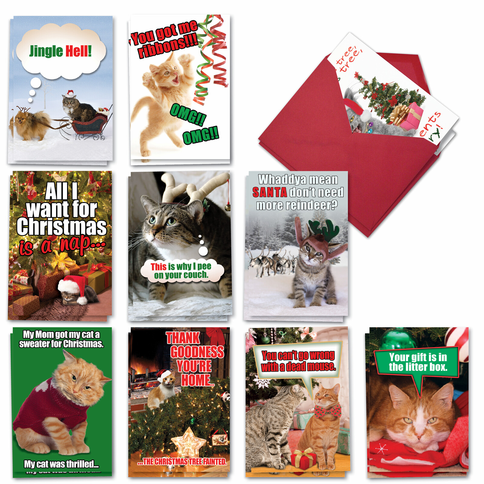 Christmas Cards-Holiday Hat Dogs-Pugs: Funny Mixed Set of 12 Cards w/ Envelopes