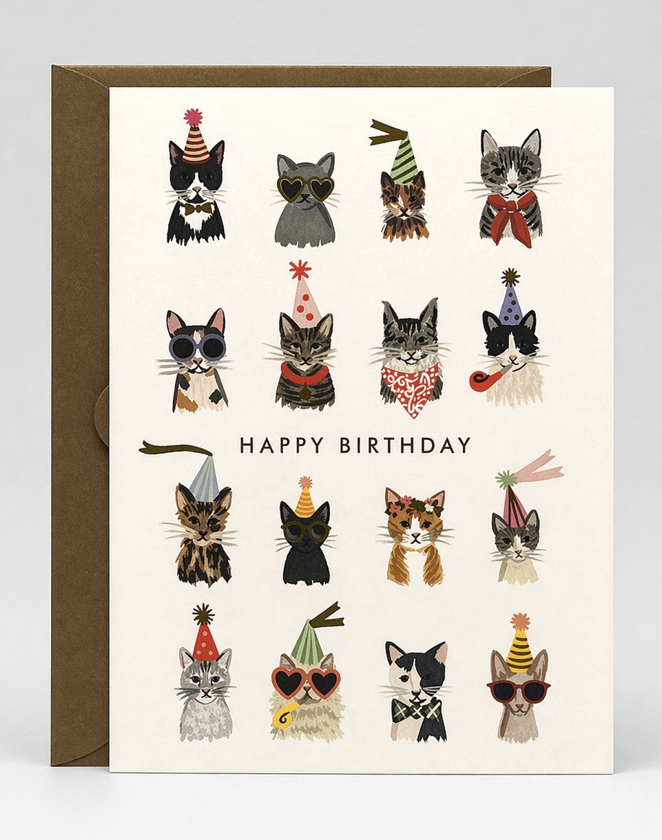 RIFLE PAPER CO Cool Party Cats Birthday Card, Folded Blank A2 Card & Envelope